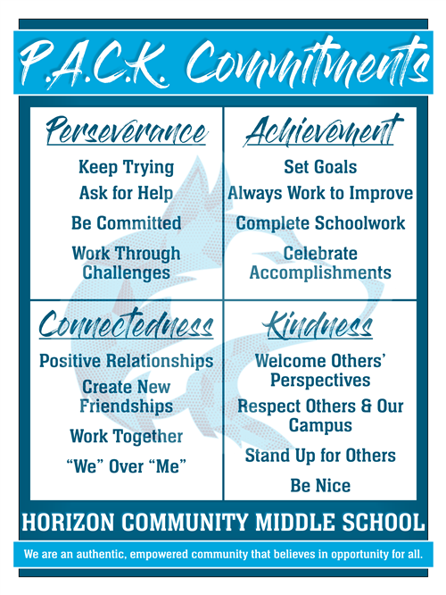 PACK Commitments: Perseverance (keep trying, ask for help, be committed, work through challenges), Achievement (set goals, al